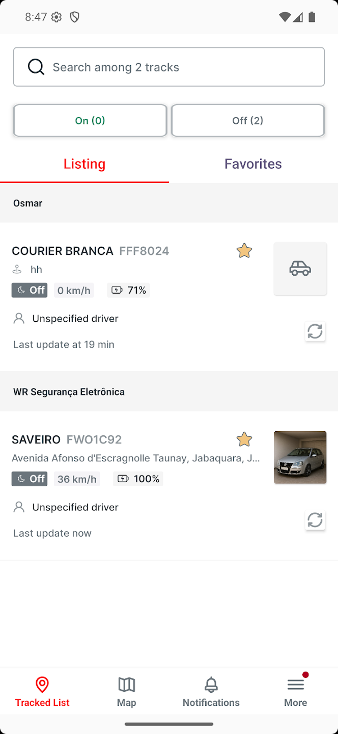 Tela do app — Alertas de ignição, colisão e velocidade