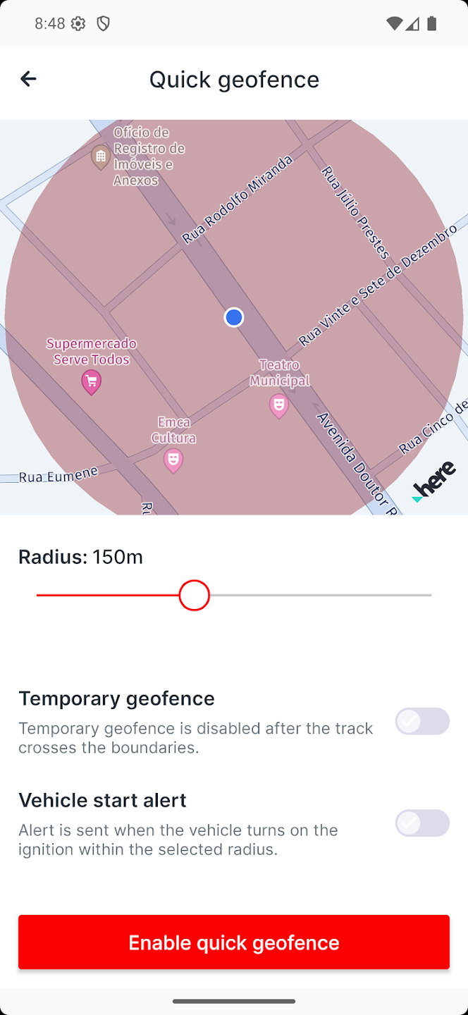 Tela do app — Cerca virtual configurável